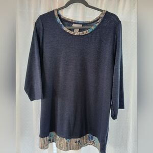 Catherines Dark Blue 3/4 Sleeve Top with Plaid Patterned Trim